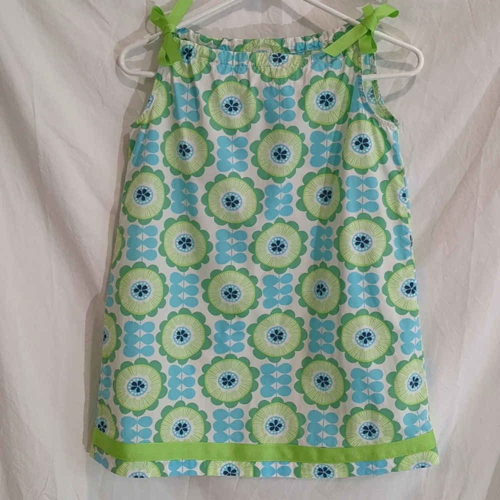 Hanna Andersson | Ribbon Tie Dress Blue Green Flowers Style | S